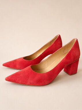 L’INTERVALLE Soft Coral Red Suede Pointed Toe Block Heel Pumps EU 39